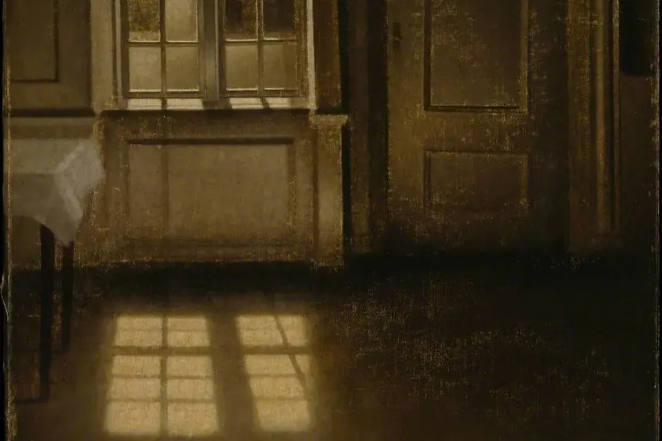 Tableau d'un intérieur dépouillé où la lumière d'une fenêtre dessine deux rectangles clairs sur le plancher sombre